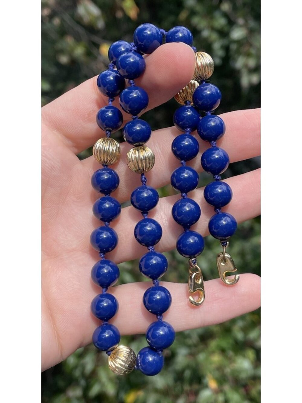 Mid-Century RETRO Vintage Blue Art Glass "Goldstone Lapis" Hand Knotted Necklace